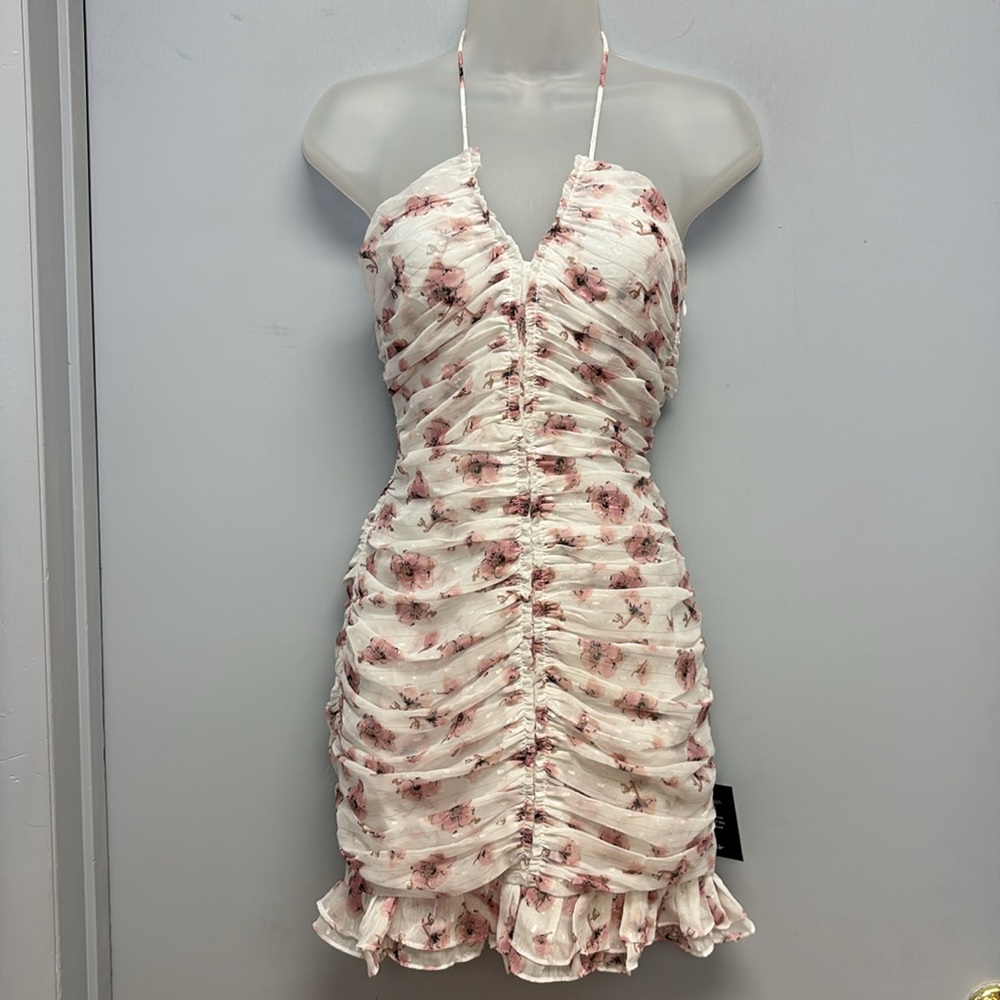SOLD IN STORE NEW Lulu’s White Floral Print Ruched Mini Dress Size Small - Picture 2 of 11